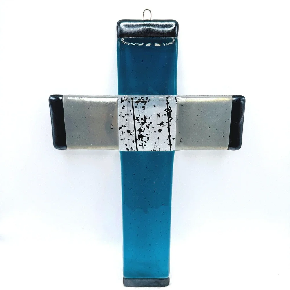 Handmade Fused Glass Wall Cross Faith Blue Art Glass Religious Decor